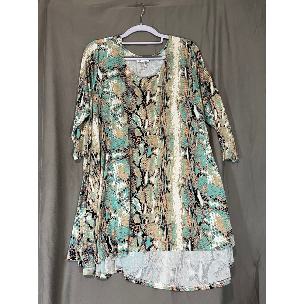 The Zig Zag Stripe Womens Teal Orange Snakeskin Print High Low Tunic Top Flowy